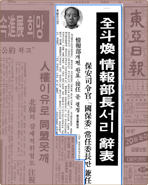 동아일보 1980.6.2 전두환 정보부장서리 사표 기사