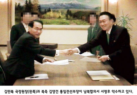 김만복 국정원장(왼쪽)과 북측 김양건 통일전선부장이 남북합의서 서명후 악수하고 있다.