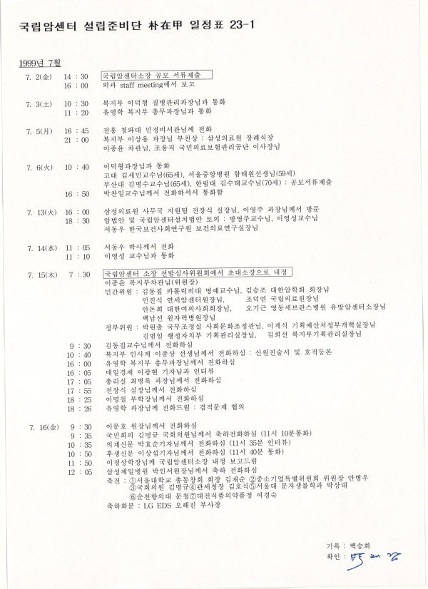 국립암센터 초대원장 일정표