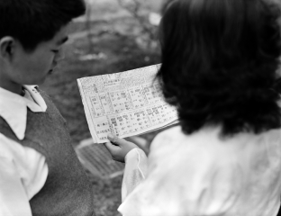 지방선거 안내를 보는 아이들