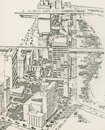 1974년 잠실지구 종합개발 기본계획 중심지구 조감도 (출처 : 잠실지구 종합개발 기본계획, 서울특별시, 1974)