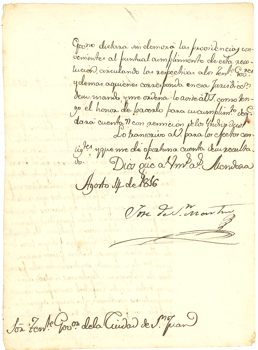 산 마르틴 서한

독립영웅 산 마르틴 장군이 전쟁포로들을 공익사업에 투입할 수 있도록 요청하는 편지.
