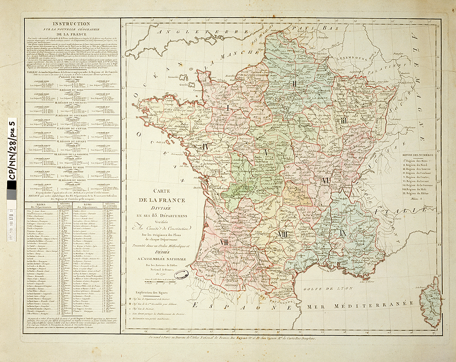 프랑스 지역 구획도

1789년 프랑스 혁명 이후, 혁명정부가 프랑스 행정구역을 9개 지역(region)과 83개의 도(departements)로 재편하여 구체제(Ancien regime)의 통치체계를 무너뜨림.
