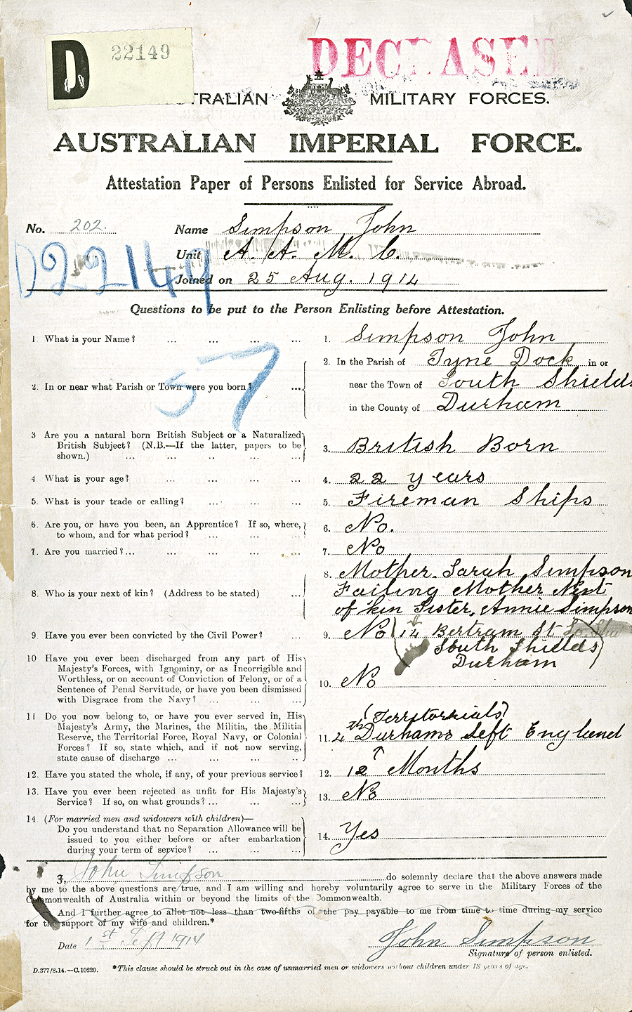 제1차 세계대전 참전 호주군 병적기록

제1차 세계대전에 파병되었던 호주군 소속 ‘존 심슨’일병에 대한 병적기록.
